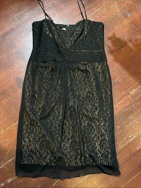 Anne Klein Black Lace Overlay Dress with Gold Underlay